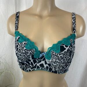 Cassandra Intimates Black & Blue Animal Print Lace Unlined Underwire Bra 36DD